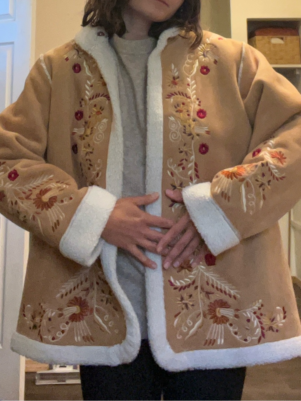 Denim&Co Tan Embroidered Faux-Shearling Trim Jacket - Picture 2 of 8